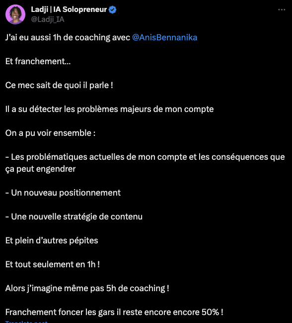 AnisBennanika's tweet photo. C'est la réouverture de mon programme de coaching

Du 10 janvier au 10 février.

Je ne prends que 10 personnes.

(Il ne reste que 9 places)

L'objectif :

5 heures de coaching pour vous permettre de monétiser votre audience.

• 1 heure : On fixe votre positionnement
• 2 heures : On crée votre offre
• 3 heures : On crée votre stratégie de contenu
• 4 heures : On crée votre contenu ensemble
• 5 heures : Je vous apprends à vendre en DM

Premier arrivé, premier servi :)

Dès que j'ai les 10 personnes, on ne pourra plus travailler avec moi ce mois-ci.

Donc, si tu es intéressé, envoie moi "Monétisation" en DM.

Quelques-uns des témoignages de mes anciens clients 👇