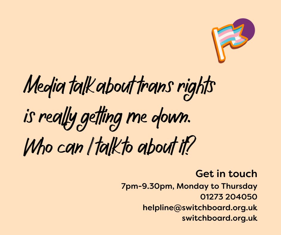 LGBTSwitchboard's tweet photo. 👉 Discussion of trans rights in the media can be really depressing.

Don't deal with it alone if it's getting you down.

Reach out to us and talk it over. We're here for you if you need us.

#TransRights #LGBTQ+ #Support #YouAreNotAlone #SafeSpace #MentalHealth https://t.co/S3Uf1C5R05