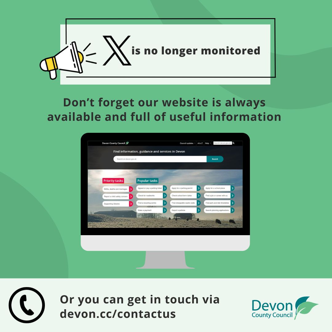 Our X account is no longer actively monitored. Our website is full of useful information devon.gov.uk or you can get in touch via devon.cc/contactus You can stay tuned to our latest news by signing up to our weekly newsletter devon.cc/connectme