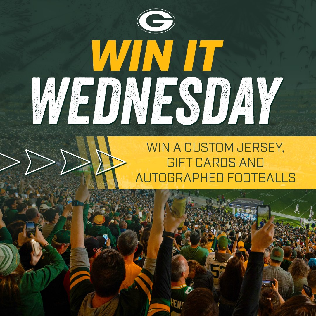 packers's tweet photo. It's Win it Wednesday! 

Enter below &amp; you could win a customized #Packers jerseys, autographed footballs &amp; more! ⏰🤩

🔗: https://t.co/0NoFdkt6D8 https://t.co/W2jK1GFKDB