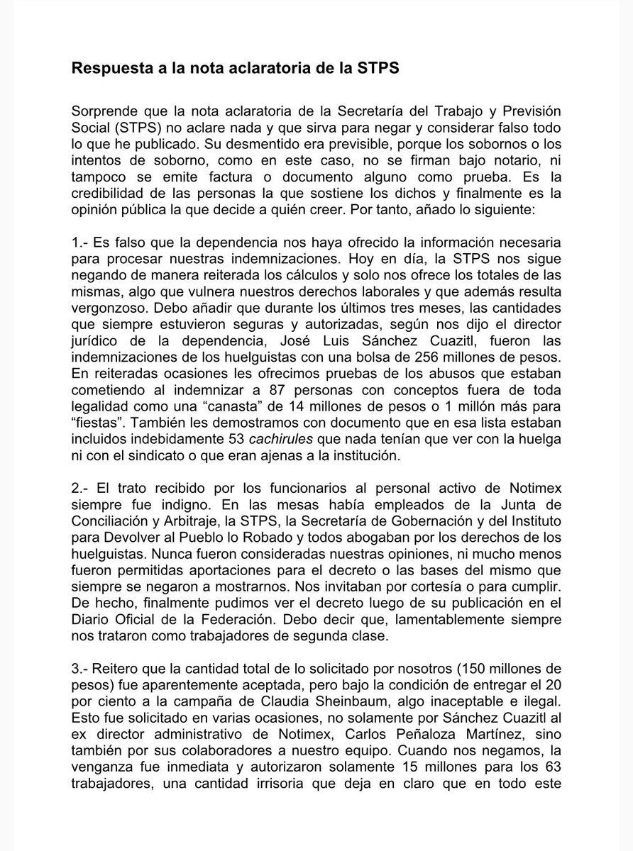 SanjuanaNews's tweet photo. 🔴El presidente @lopezobrador_ siempre defiende a sus funcionarios. Yo ya estoy fuera del gobierno. Fui leal, pero mi lealtad a mis principios y a los mexicanos es primero. Aquí les dejo mi respuesta a la carta aclaratoria de la @STPS_mx no más corrupción. https://t.co/GTRpxhcmfa
