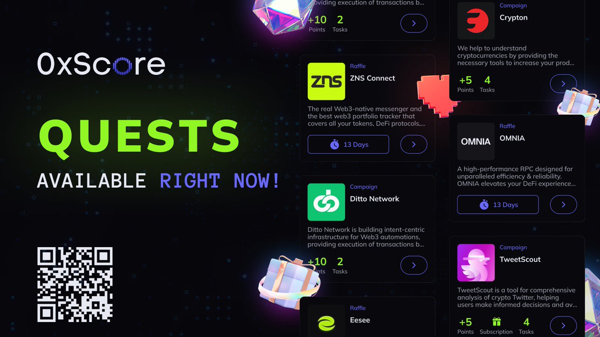 Introducing: QUESTS Quests is a Web3 community quest platform built by 0xScore. Interact, claim points, and enjoy rewards! Learn more about QUESTS 👇