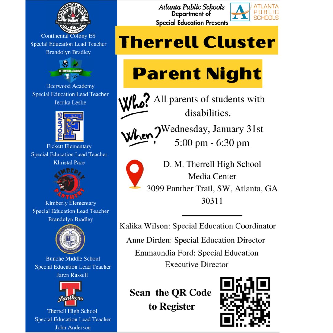 Save the date for the Therrell Cluster parent night. #studentswithdisabilities #aps #therrellhigh #support #swats