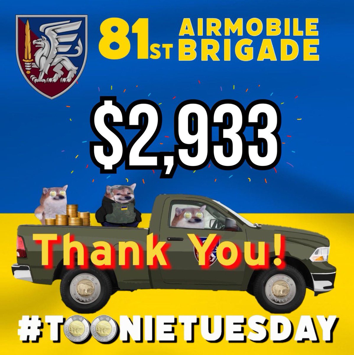 Thanks to all of the supporters who showed up with fistfuls of TOONIES 🪙🪙

Almost $3K raised on #ToonieTuesday 🥳

Less than $4K left to close this fundraiser. Let's do this, Fellas💪
#NAFO_Odesa_Squad
