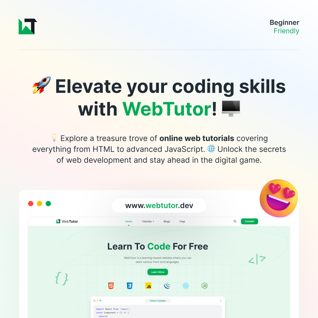 webtutorindia's tweet image. 🚀Elevate your coding skills with WebTutor!🖥️
💡 Explore a treasure trove of online web tutorials covering everything from HTML to advanced JavaScript.
🌐Unlock the secrets of web development &amp;amp; stay ahead in the digital game. Check out webtutor.dev now!🚀#WebTutorials