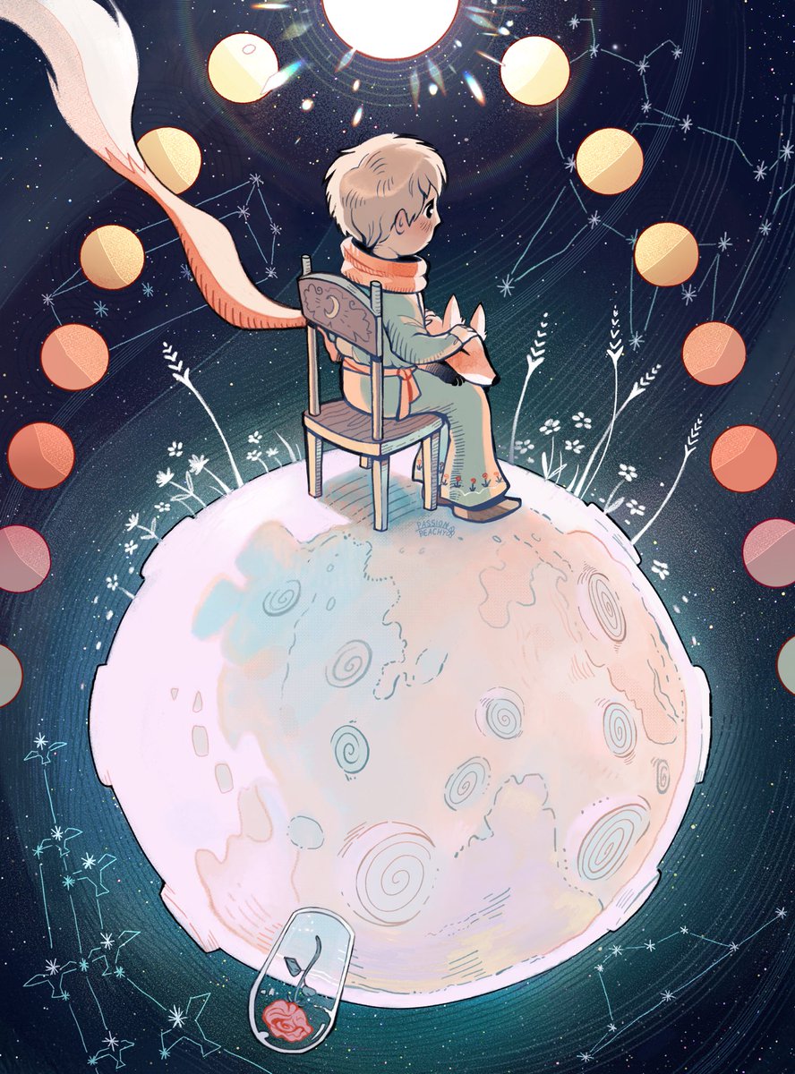 scarf 1boy sitting male focus solo constellation moon  illustration images