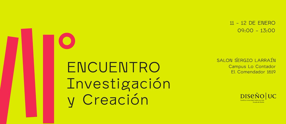 DISENO_UC's tweet photo. [INVESTGACIÓN] 
III Encuentro Investigación y creación DNO UC
_11 y 12 de enero
_09:00 – 13:00 h
_Salón Sergio Larraín, El Comendador 1916, Providencia

Proyectos de investigación realizados en @DISENO_UC  en áreas de aplicación del diseño.

#investigación #creación #diseño https://t.co/C6QW4S7JdI