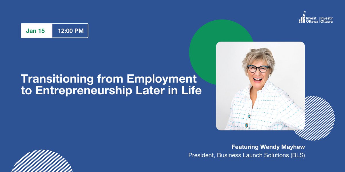 wendy_mayhew's tweet photo. I'm presenting Transitioning from Employment to Entrepreneurship Later in Life at Invest Ottawa,  Monday, January 15 @ noon. Use the following links to register:

In-person: https://t.co/3zQWKfEpgt

Virtual: https://t.co/GwhtoxlgjI

I hope to see you there. https://t.co/cZSNrWDFWC
