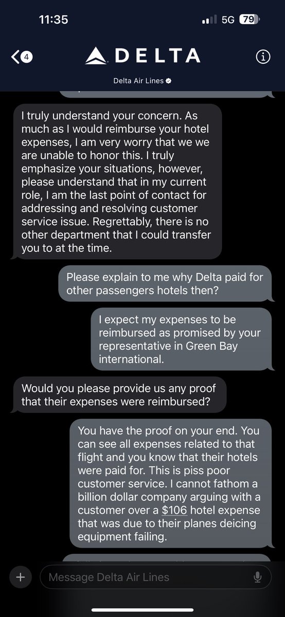 Never flying <a href="/Delta/">Delta</a> again. Their plane had a mechanical issue and we have to divert overnight to Green Bay. We were told by 3 different representatives at Green Bay airport that Delta would reimburse our hotel expenses. Guess they can’t spot the $106. Geez.
