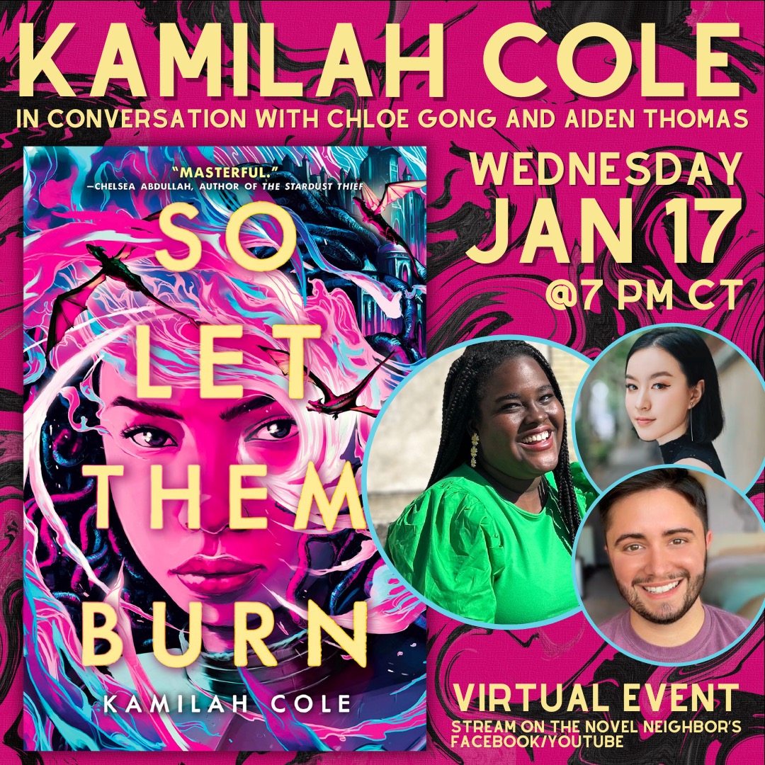 SO LET THEM BURN COMES OUT IN 6 DAYS! If you can't make an in-person event, there are virtual events~ The first one will be with @thechloegong and @aidenschmaiden on January 17th through @novelneighbor! I hope you can and will tune in 💜💜 Register Here: kamilahcole.paperform.co