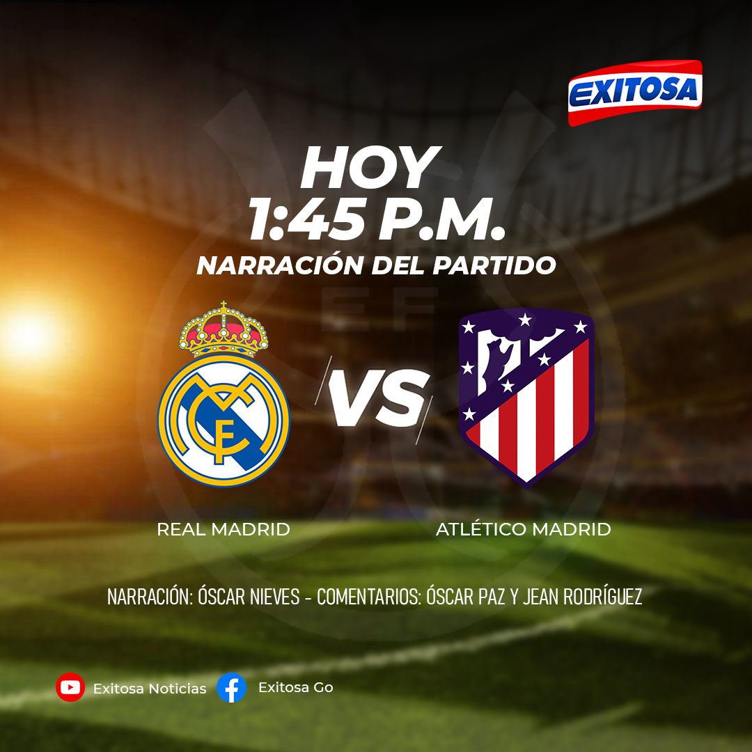 exitosape's tweet photo. 🔵🔴⚽ ¡Vívelo por #Exitosa! Hoy, desde las 1:45 p. m., no te pierdas el Real Madrid vs. Atlético de Madrid, válido por las semifinales de la Supercopa de España.

📻 #LaSupercopa se escucha mejor en Exitosa, por los 95.5 FM. https://t.co/if9uqFNGYc