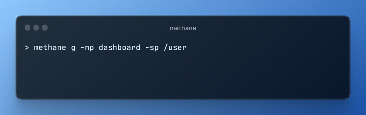 methanecli's tweet photo. Day 5

Generating NextJs page with Methane. 

Arguments 

-np -> Specifying you want to generate a NextJs page. 

-sp -> the start page or start directory,  this is super useful if you want to place the folder in another folder. Which will form the route 

/user/dashboard https://t.co/YyyoN56s3D