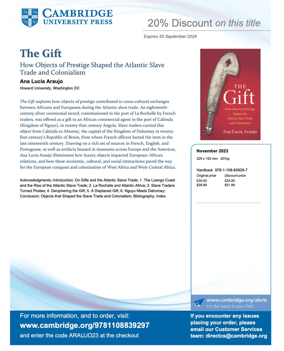 My new book The Gift: How Objects of Prestige Shaped the Atlantic Slave Trade and Colonialism is now available in the US and back in stock at <a href="/cambUP_History/">Cambridge University Press - History</a> website, slow but works, use code ARAUJO23 to get 20 % off cambridge.org/us/universityp… or go to Amazon amazon.com/Gift-Prestige-…