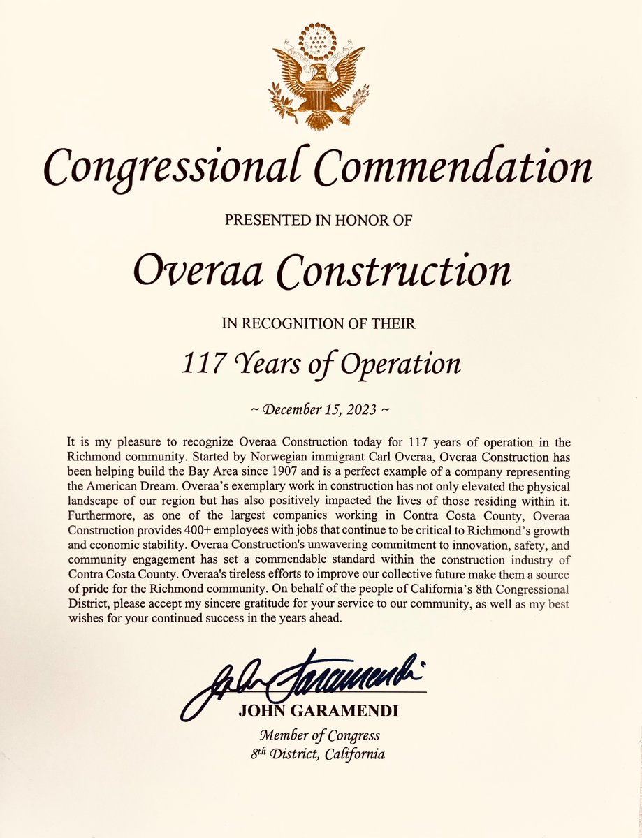 OveraaConstruct's tweet image. Thank you Congressman @RepGaramendi for presenting Overaa Construction with a Congressional Commendation honoring our 117 years in operation. We are honored to receive this recognition and to be a part of building our community.

#overaa #overaaconstruction #since1907