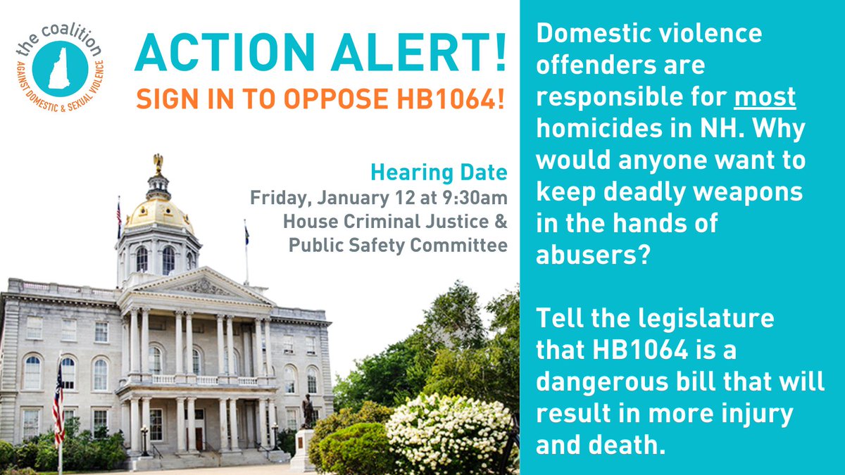 NHCADSV's tweet photo. 📢 ACTION ALERT! HB1064 would put deadly weapons back into the hands of domestic abusers. #NHPolitics

Help us defeat this dangerous legislation and sign in opposed today: https://t.co/AeeJalDxv0 https://t.co/OApyVOq3WU
