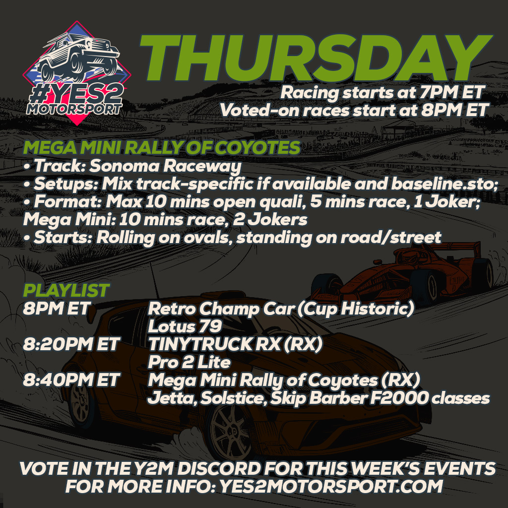 yes2motorsport's tweet photo. Tomorrow's action kicks off at 7PM ET with the debut of Mini Sport, followed by the first #MegaMini event of the year, the #RallyOfCoyotes, at 8PM ET. Don't miss it! #y2m https://t.co/ee0fX4pHiQ