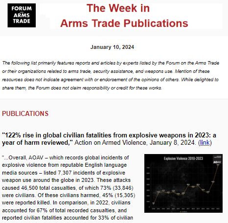 ForumArmsTrade's tweet photo. 1st "Week in Arms Trade Publications" of 2024: catch new reports and essays from @AOAV Elias Yousif @StimsonCenter @ceobs_org @jeffabramson @CIPolicy @mklare1 @jeallenFP #LookingAhead2024 &amp; events w/ @iainoverton @FrankSlijper @jwrchappell + much more https://t.co/3lFEyqPt3T https://t.co/5JgJD1cPBE