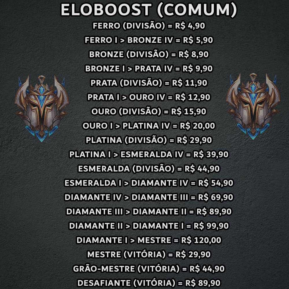 ElitehEloJob's tweet photo. Eliteh EloJob - Nova tabela de preços:

Jogos: League of Legends, Wild Rift, TFT e Valorant!

Serviços: EloBoost, DuoBoost e DuoCoach!

Chama! https://t.co/1TuSSsrNq4