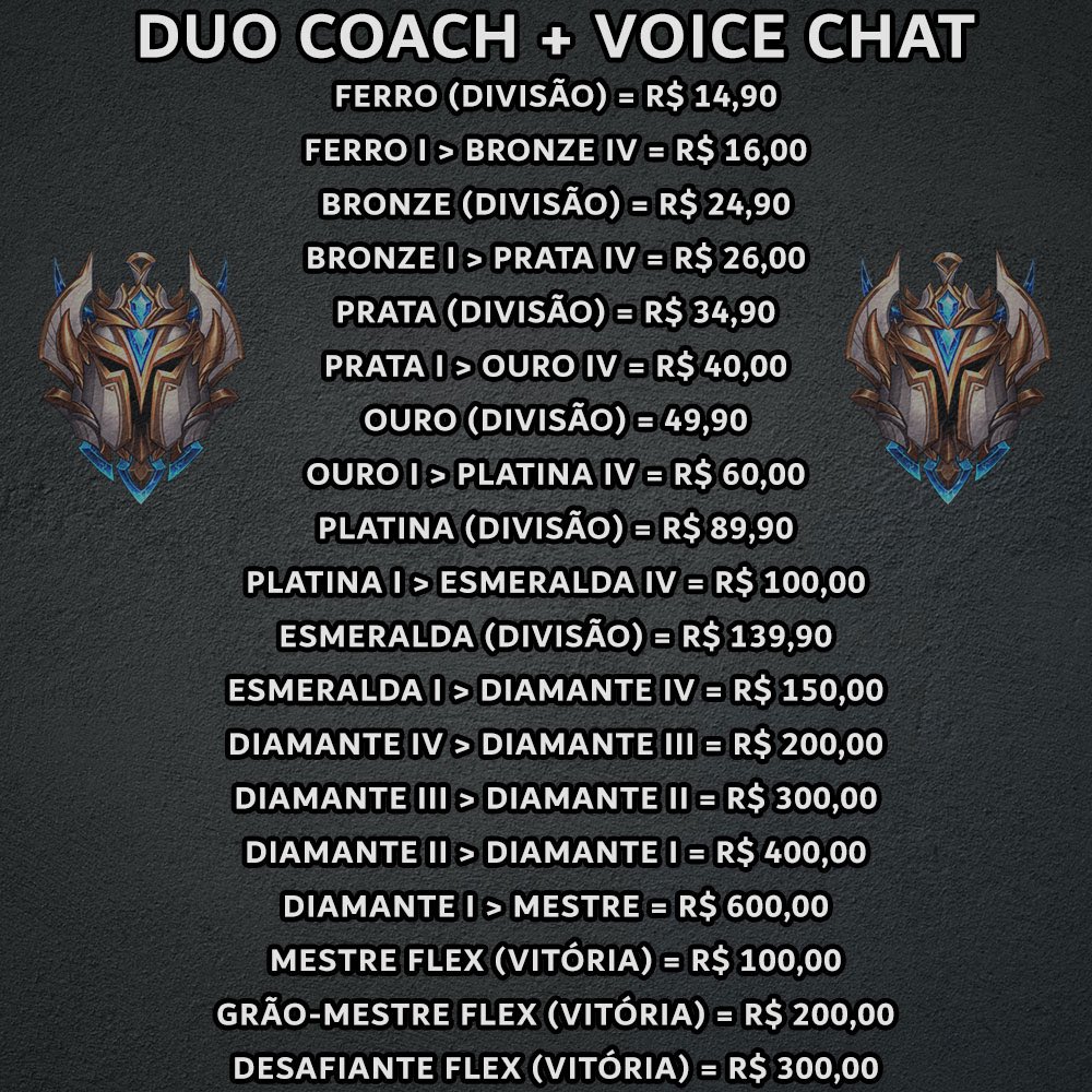 ElitehEloJob's tweet photo. Eliteh EloJob - Nova tabela de preços:

Jogos: League of Legends, Wild Rift, TFT e Valorant!

Serviços: EloBoost, DuoBoost e DuoCoach!

Chama! https://t.co/1TuSSsrNq4