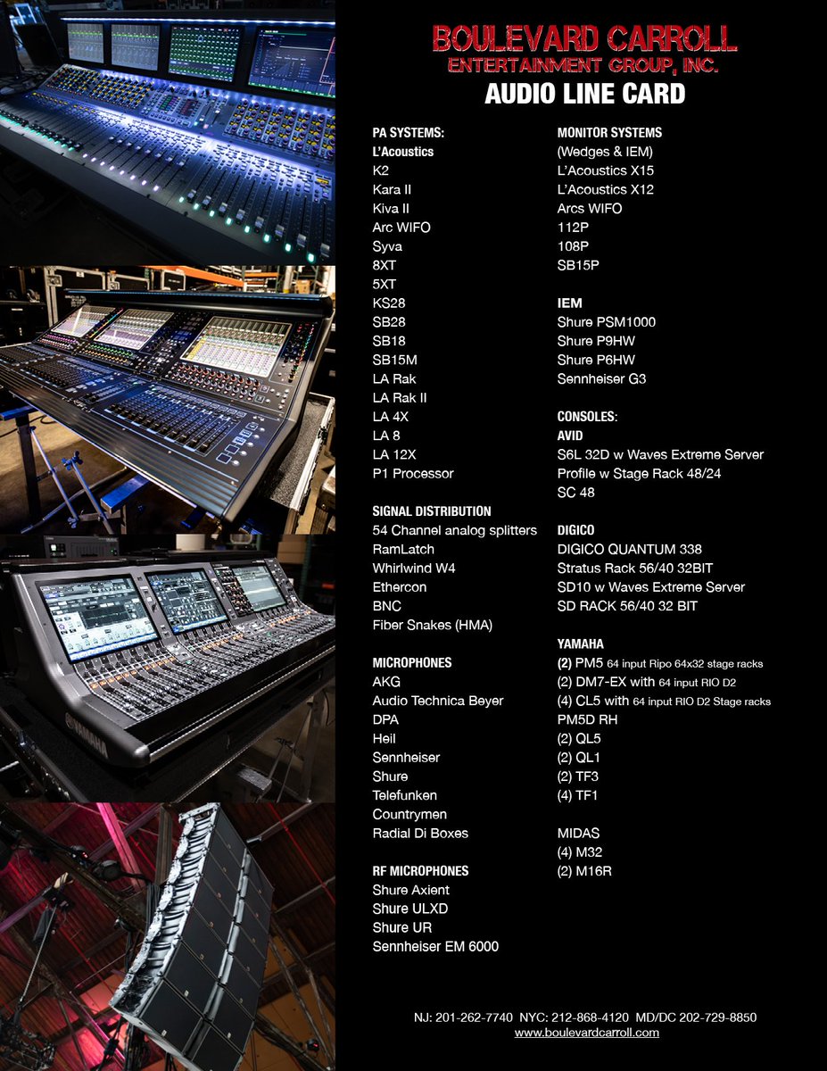 NEW YEAR, NEW AUDIO LINE CARD!
At BC we are always improving and updating our pro-audio gear. Check out our new Audio Line Card. #proaudio #consoles #foh #mons #rf #mics #pasystems #rentals #tour #techsupport #bestinbusiness @blvdpro @boulevard_carroll_inc