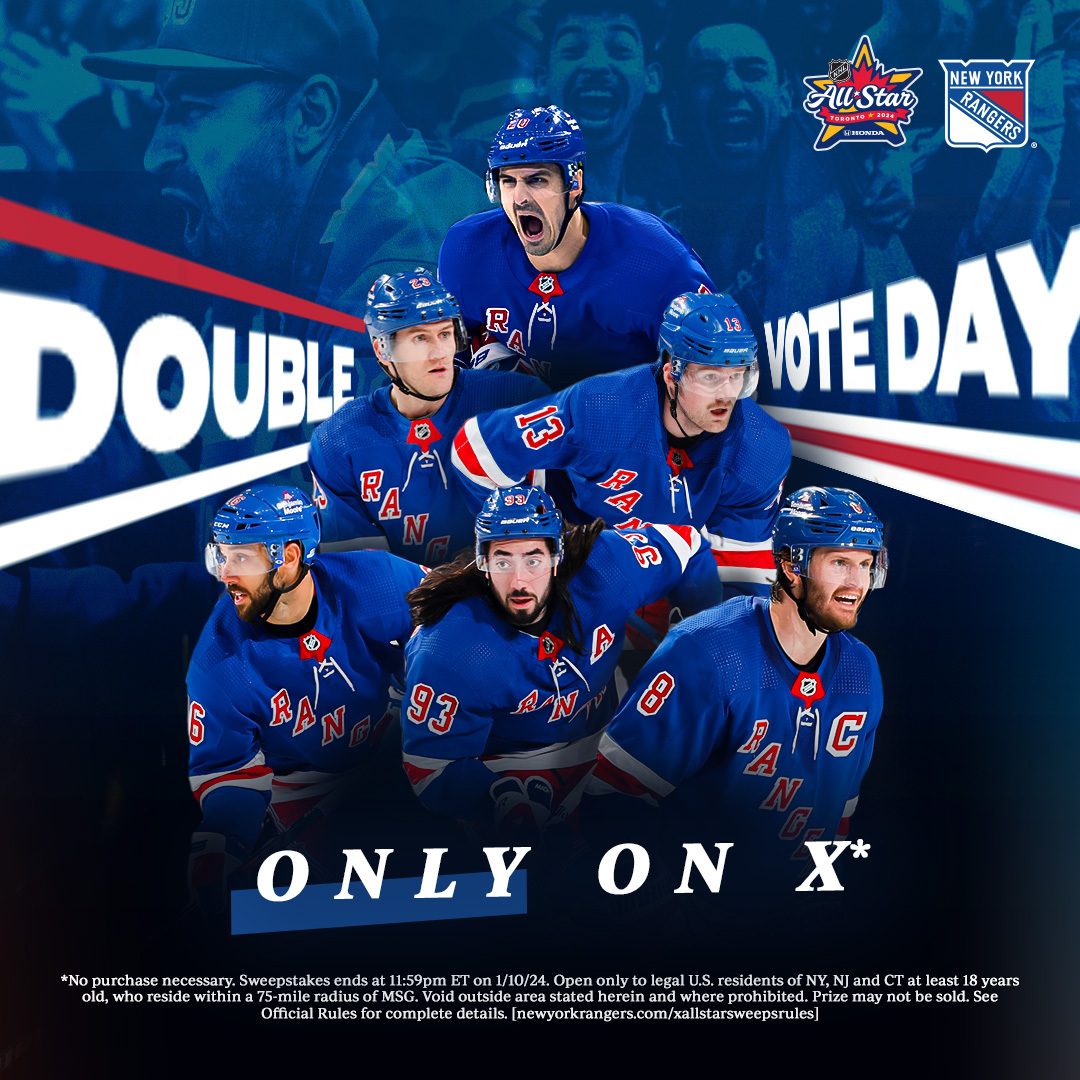 #NHLAllStarVote retweets count as double today. 👀 So RT NOW for the chance to win a #NYR jersey + swag bag! Mika Zibanejad Chris Kreider Alexis Lafreniere Vincent Trocheck Jacob Trouba Adam Fox