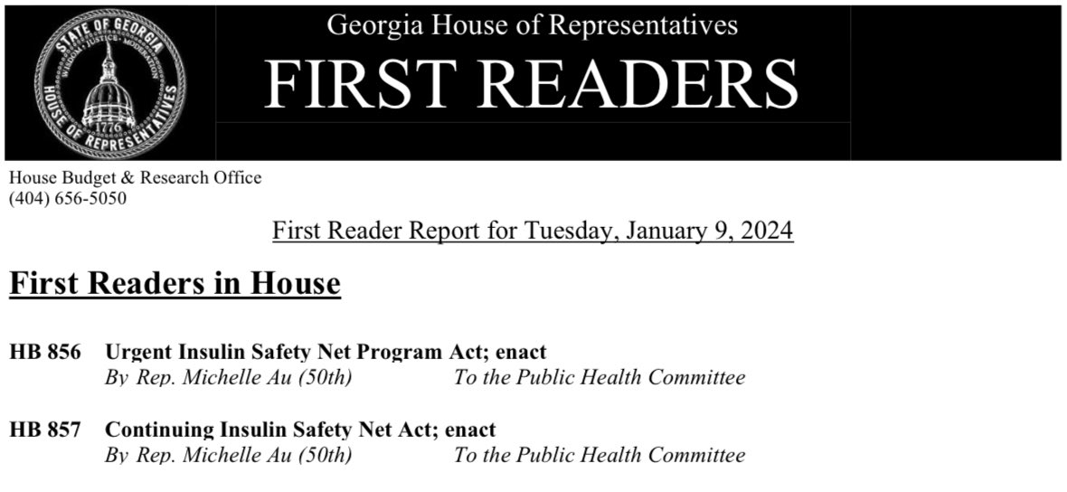 AuforGA's tweet photo. Our two insulin safety net bills #HB856 and #HB857 have been assigned to the House Public Health Committee! https://t.co/QXgNBIMcBu
