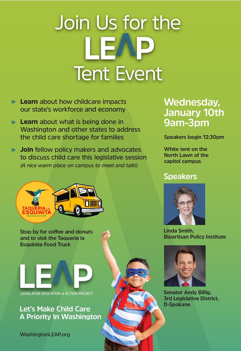 Happy LEAP Tent Day! We're at the state Capitol today to talk about child care with some insightful speakers and time for discussion with legislative leaders. Come down for free food and great conversation in our warm tent! #waleg #childcare #LEAPWashington @wa_ccf @AWBInstitute