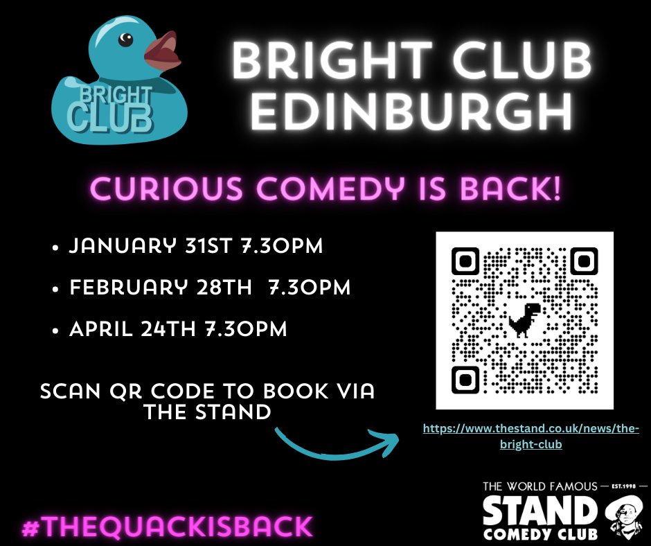 BrightClubEDN's tweet photo. 📢BREAKING NEWS: #thequackisback
Bekka & Kat from @EdinburghUni @EdinburghNapier & comedy queen @suziemo are bringing back curious comedy to @StandComedyClub Edinburgh!
Our shows are: Wednesday 31 January & 28th February & 24th April. Read all about it🙌https://t.co/6F9htbezH1 https://t.co/6re3RRHB6C