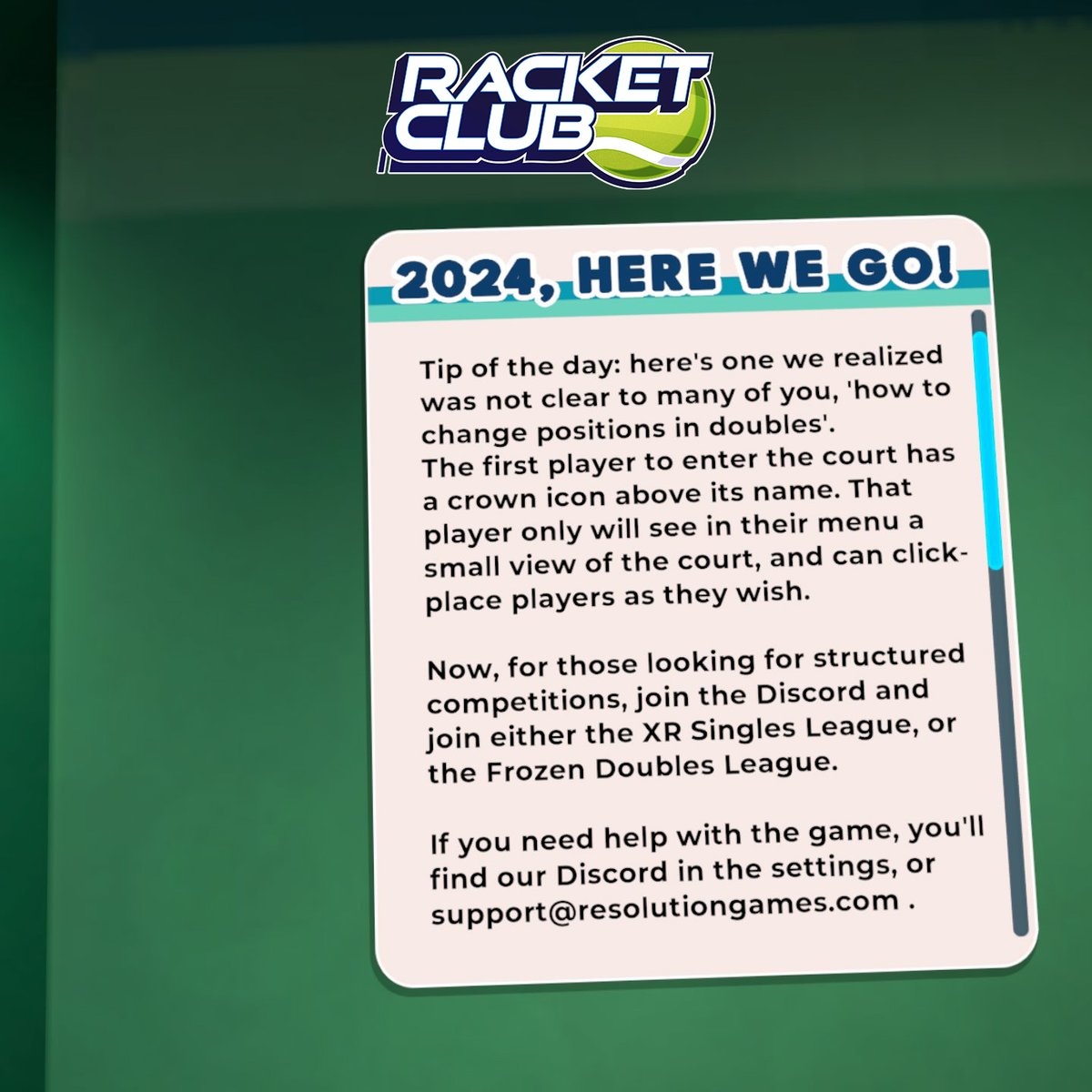 RacketClubGame's tweet photo. Looking for a bit more competition in #RacketClubVR? 🎾 

We are currently offering singles and doubles competitive leagues within our Discord! Join here: https://t.co/ERxXUwO3UJ https://t.co/kaZwfn200L