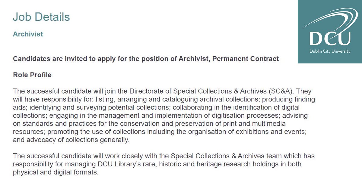 Calling all #Archivists come join the fantastic team at DCU Library @DCULIB Apply through the following link, Job Reference 002404, Permanent, Closing 28 January 2024 @DCU my.corehr.com/pls/dcurecruit…