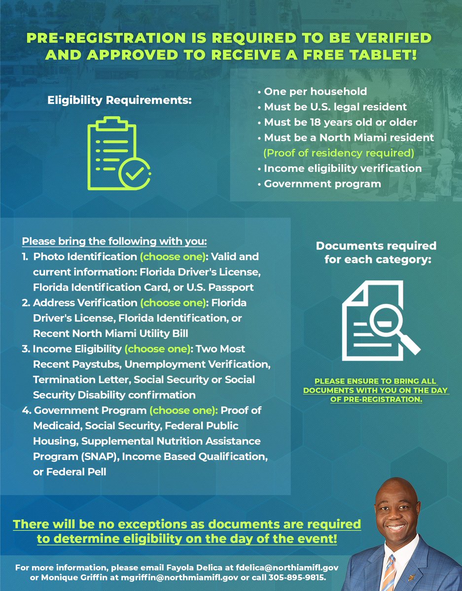 Get your FREE tablet by pre-registering TODAY, Wednesday, January 10, 2024, from 10 am to 6 pm at the Joe Celestin Center, 1525 NW 135 Street, North Miami, FL 33167.

The mass distribution will occur Thursday, January 11, 2024, from 10am-6pm, at the Joe Celestin Center.