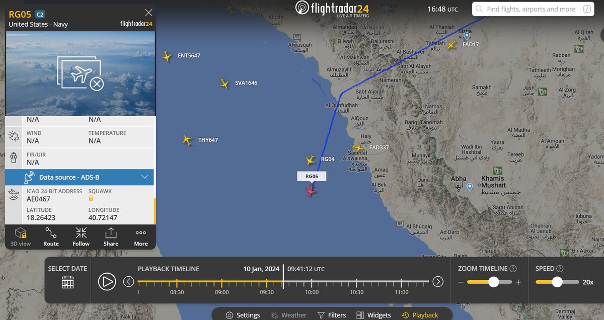 d_viekass's tweet photo. @ChowdahHill @TheCVN69 @USNavy #FlightRadar24 #RG05 &amp; #RG04 #C2AGreyhound heading towards #USSDDEisenhower #CVN69 in #RedSea on 10 Jan 24. #RG05 ✈️ Loc: at 09:41 UTC:18.264N,40.721E. @Moochikal @raje271065 @BerrySuraj @MT_Anderson @supbrow @CeciliaSykala @duandang @NavyLookout @ryankakiuchan @tom_bike https://t.co/376sFoqSte