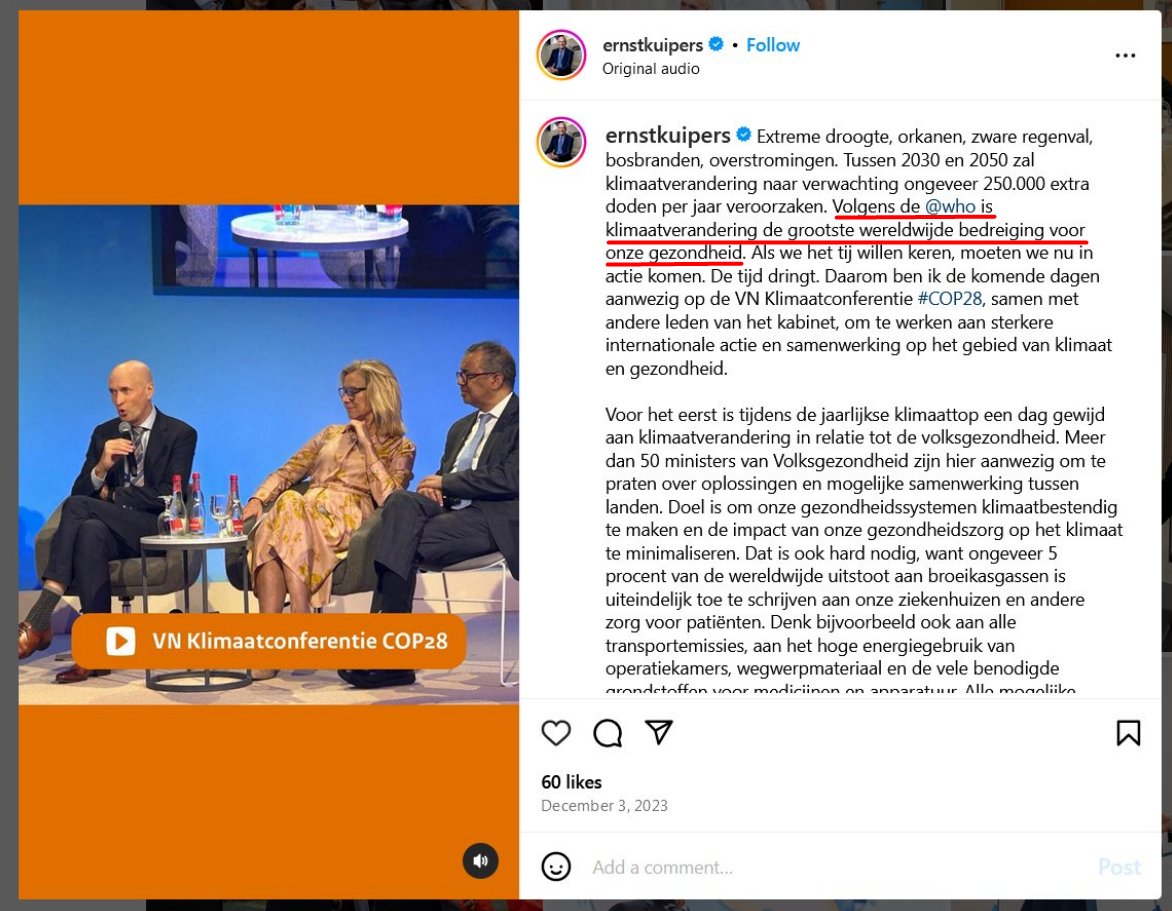 IngeJusta's tweet photo. Krijgt Ernst Kuipers soms een baantje bij het WHO? Iets met klimaat?
▶️3 dec. 2023 Instagram Kuipers: "Volgens de WHO is klimaatverandering de grootste wereldwijde bedreiging voor onze gezondheid". https://t.co/wFKsQ3C64T