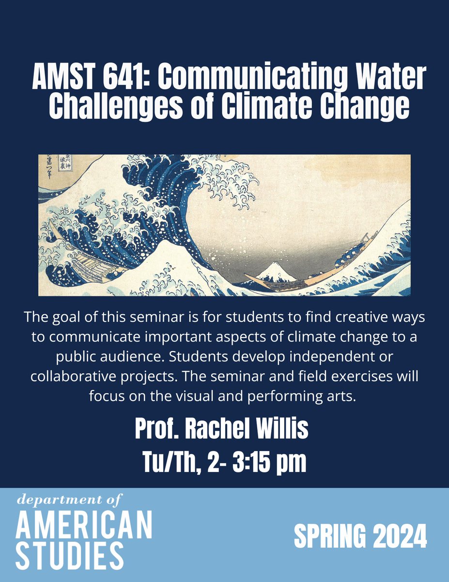 Happy FDOC and welcome back to campus everyone! Consider signing  up for one of our AMST/FOLK classes with open seats! Here's one of particular interest to UNC grad students:

AMST 641 Communicating Water Challenges of Climate Change (Rachel Willis) TTH 2:00-3:15