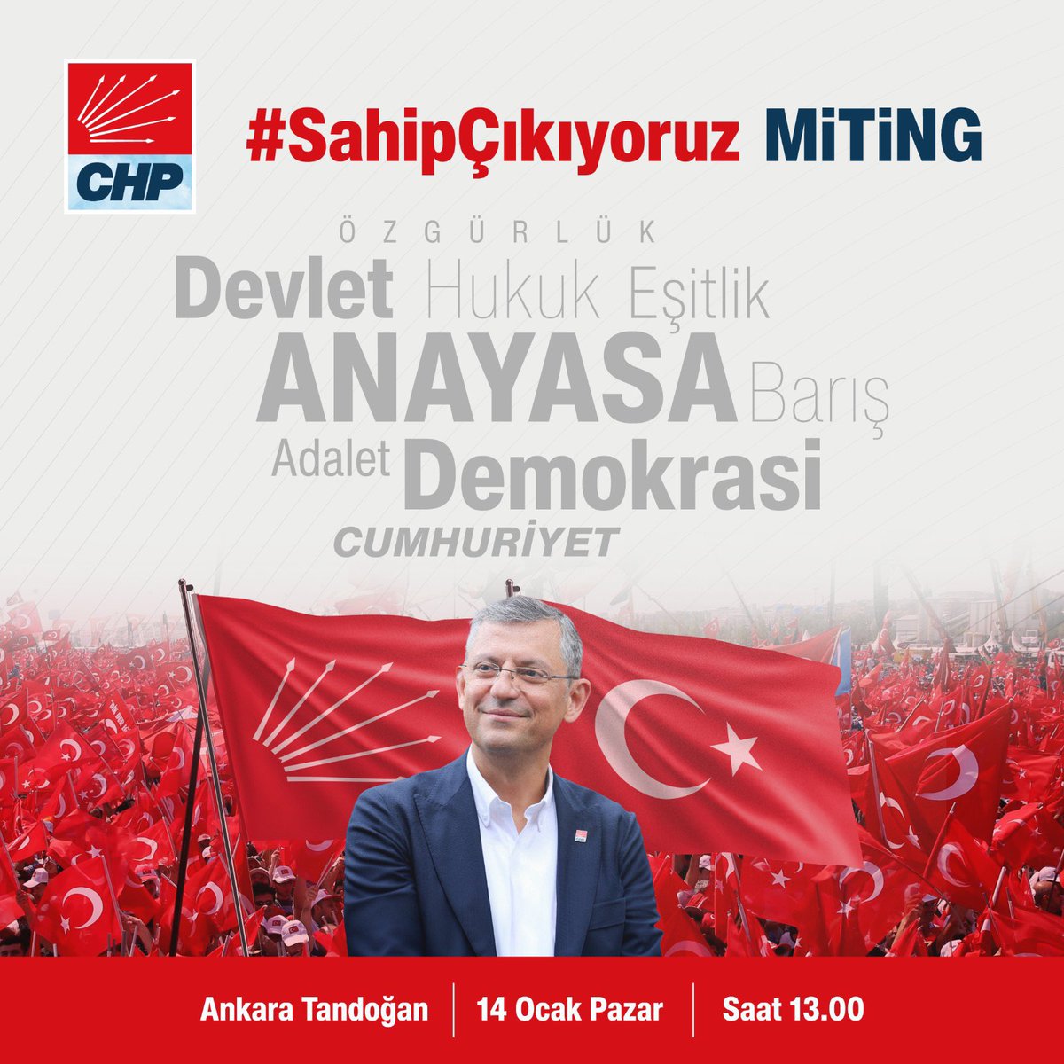 Demokrasimize, Cumhuriyetimize, geleceğimize, Anayasamıza sahip çıkıyoruz. Tüm halkımızı 14.01.2024 Pazar günü Ankara Tandoğan Meyadanı’ndaki mitinge davet ediyoruz. 
#chp
#SahipÇıkıyoruz