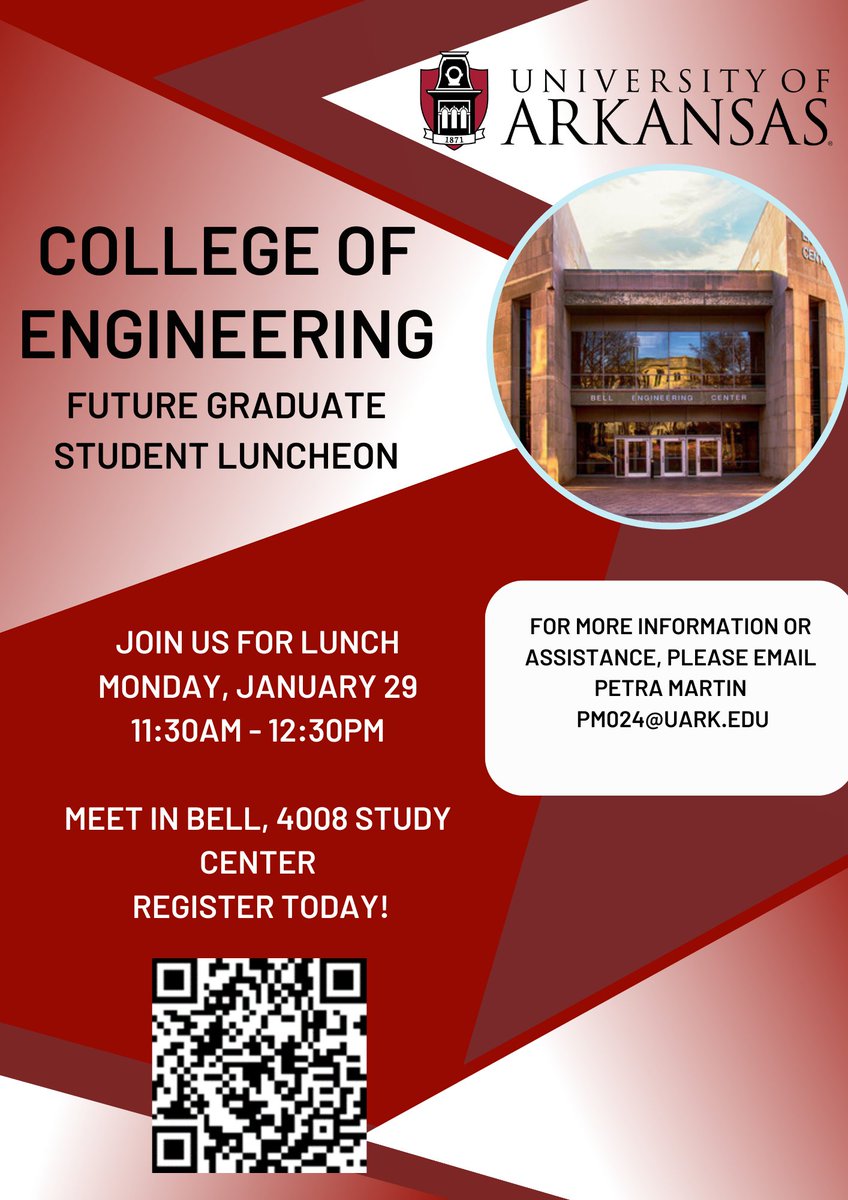 U of A Engineering (@uofa_engr) on Twitter photo Reminder to our future College of Engineering Graduate Students! Join us for a special lunch on Monday, January 29, from 11:30 am to 12:30 pm in BELL 4008. Don't miss out—register now! Questions? Email Petra Martin at PM024@uark.edu.
Register on Slate: slate.to/lhZ3YKkD Reminder to our future College of Engineering Graduate Students! Join us for a special lunch on Monday, January 29, from 11:30 am to 12:30 pm in BELL 4008. Don't miss out—register now! Questions? Email Petra Martin at PM024@uark.edu.
Register on Slate: slate.to/lhZ3YKkD