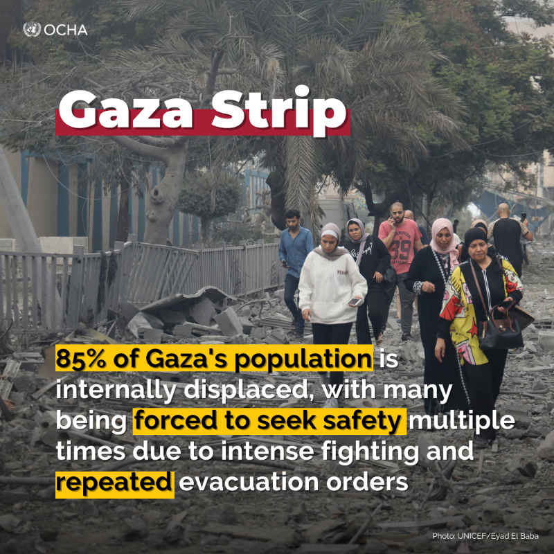Gaza: 85% of the population has been displaced. Nearly 1.4 million people are sheltering in UN facilities, but more than 300 people have died in attacks on these places of refuge. Civilians are #NotATarget. reliefweb.int/report/occupie… via @UNOCHA