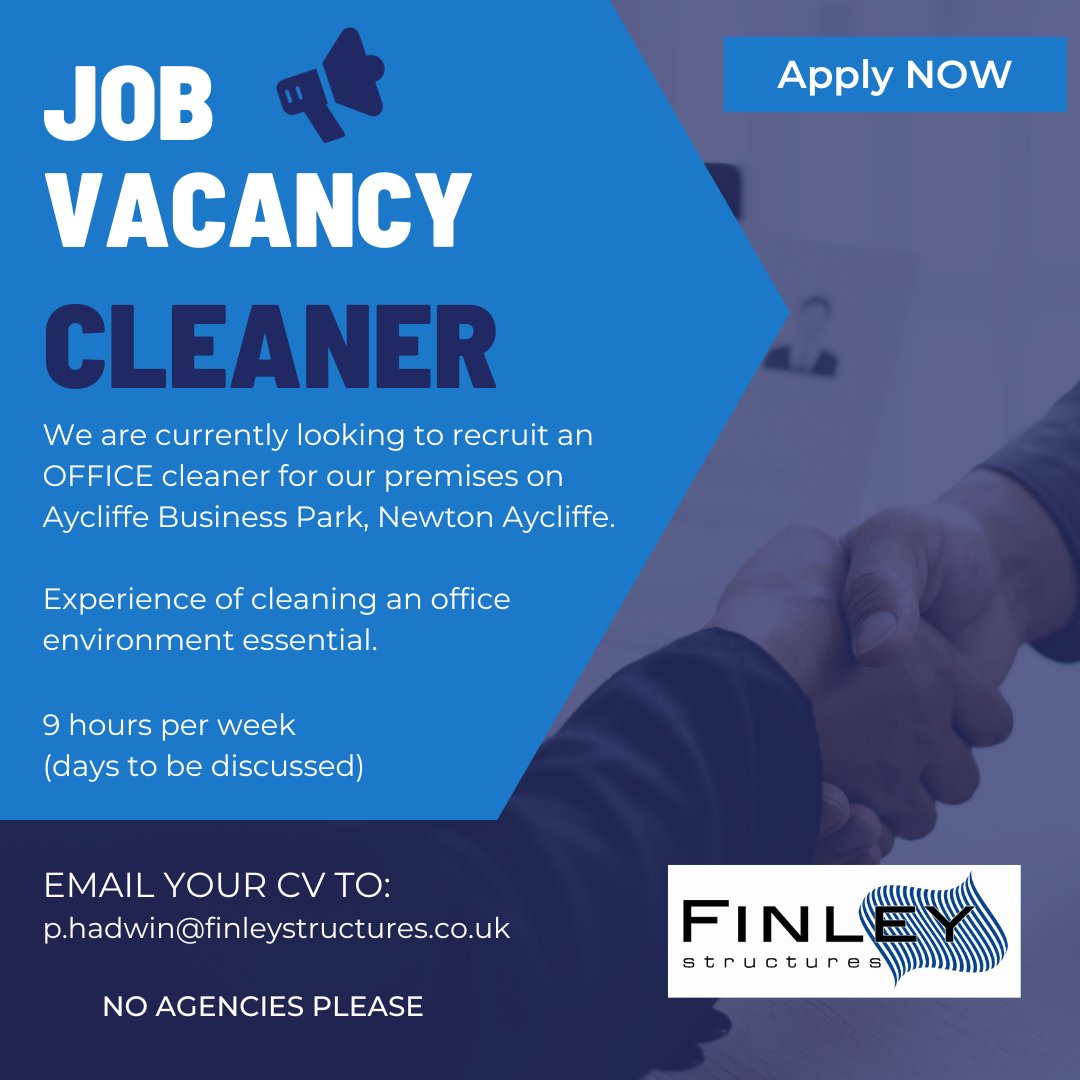 finleysaycliffe's tweet photo. #jobvacancy #jobs #vacancy #cleaner #parttime #newtonaycliffe #countydurham #applynow https://t.co/MO5nBUwmd9