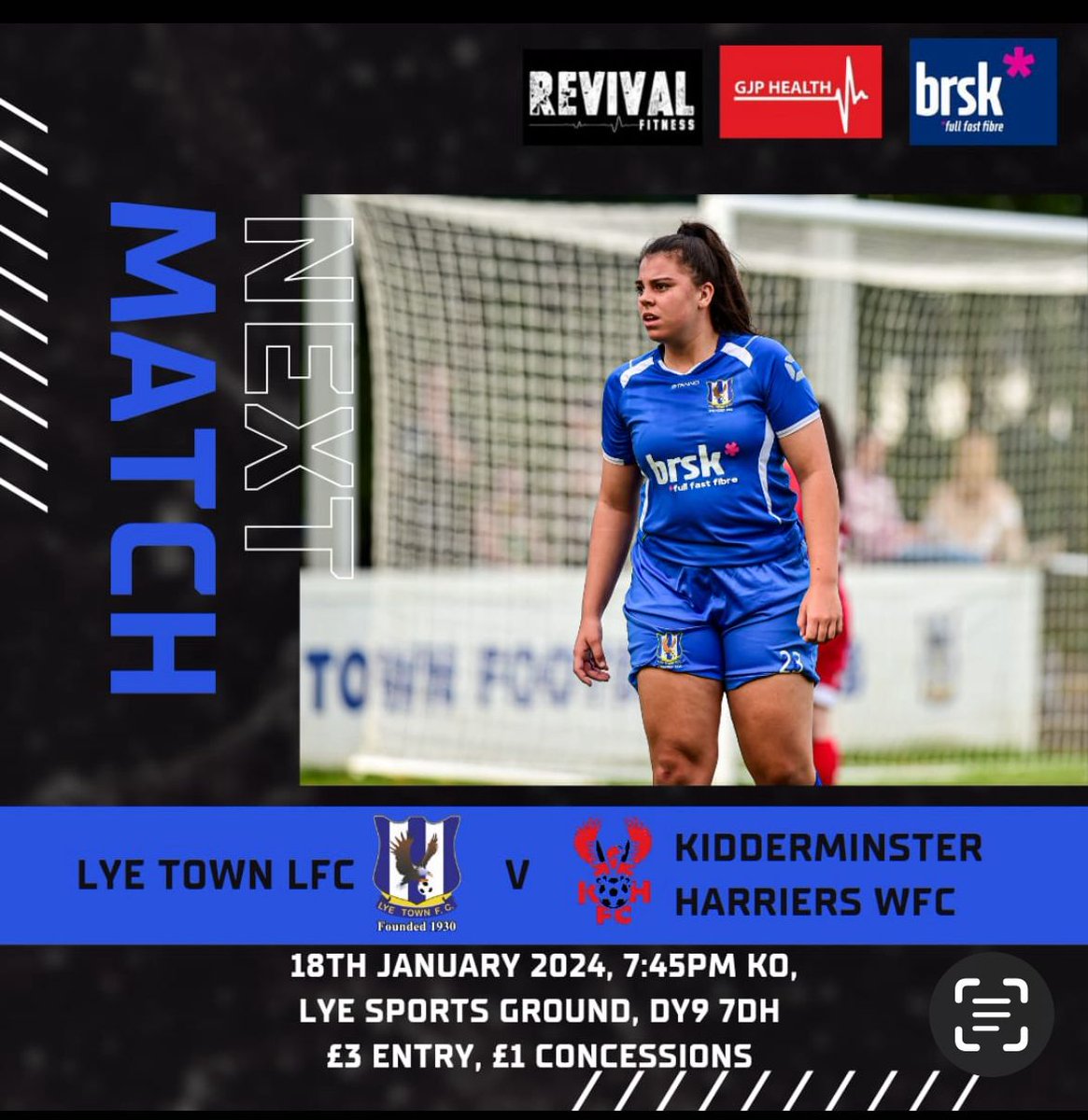 A local Derby under the lights at Lye Sports Ground.

Thursday 18th January 2024

🆚️ kidderminster Harriers Women

7:45pm KO

Come down and support the girls!

#uptheflyers

🟦⬜️🟦⬜️