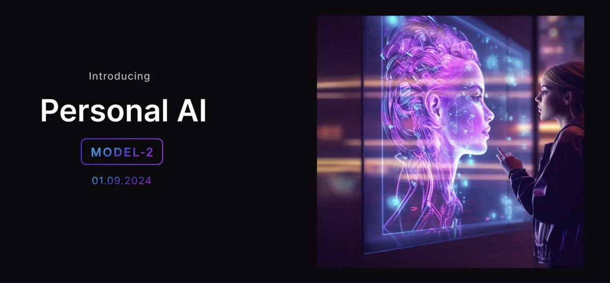 Banner image of Personal AI, with visual of MODEL-2. Young woman staring at a semi-transparent screen reflecting her digital self.