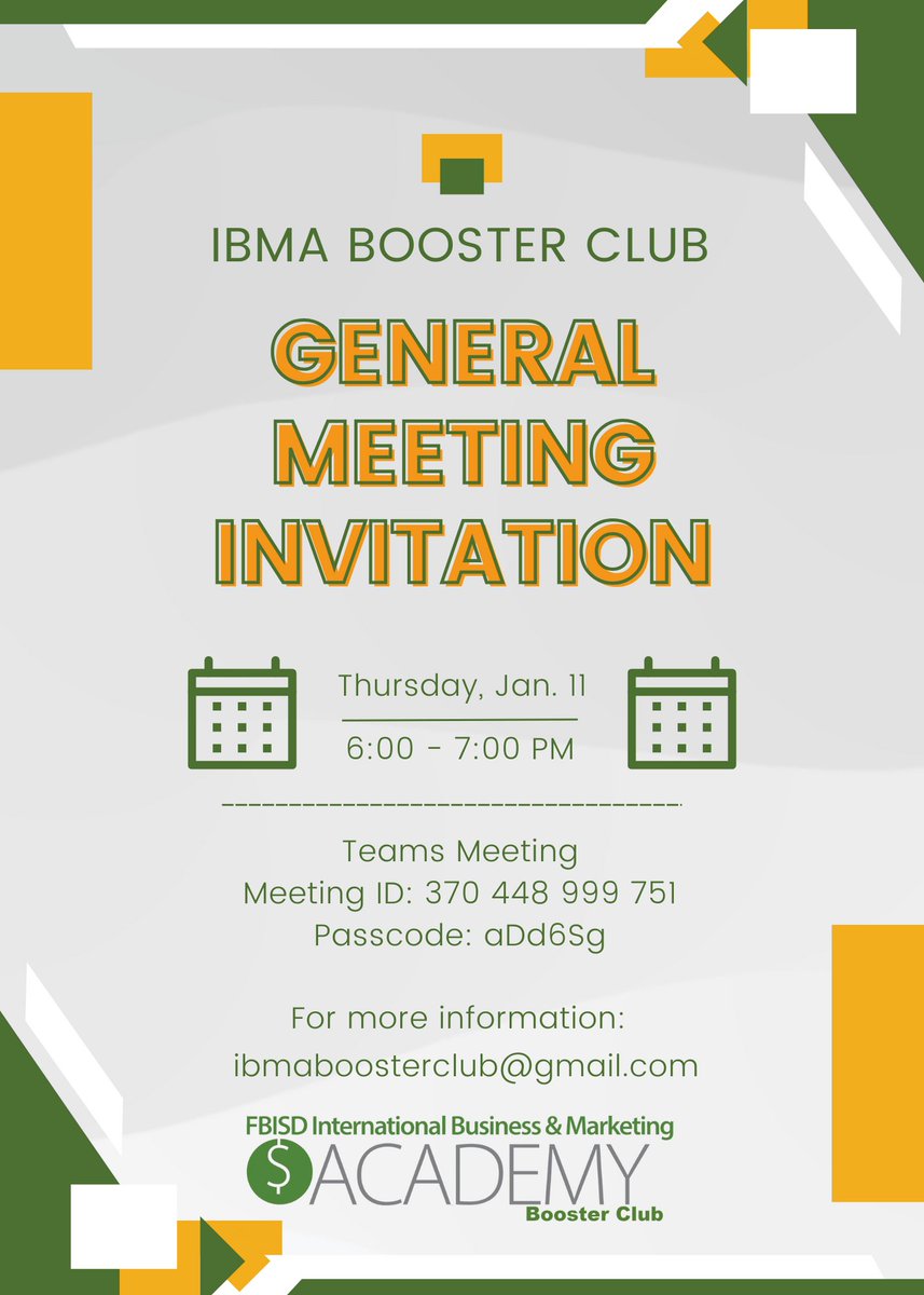 IBMA Booster Club Meeting, Thursday (1/11) 6pm-7pm (Virtual)