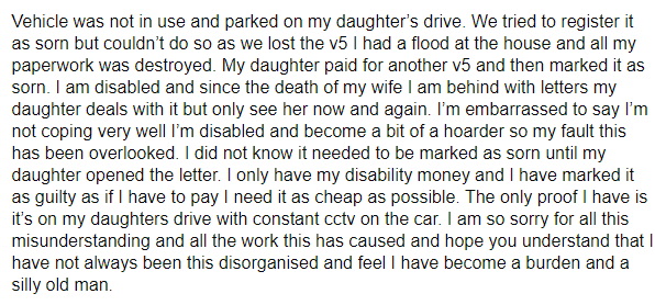 Disabled widower from Caerphilly, 78, prosecuted for not insuring a car he no longer uses.

He's not coping after his wife's death and his papers were destroyed in a flood

Convicted via Single Justice Procedure, court bill: £106

DVLA didn't read this letter.