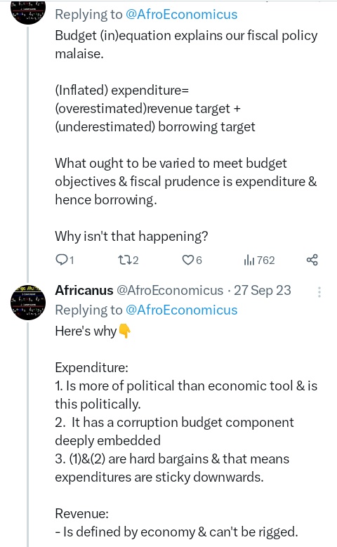 AfroEconomicus's tweet photo. We've always said:

1. GoK overestimate revenue targets
2. 1=justification for expenditure inflation
3. 1+2=overtaxation=laffer curve effect=tax shortfall
4. 1+2+3=underestimate fiscal deficit
5. 1+2+3+4=upward revision of borrowing targets

It's by design
https://t.co/bT2O9Tx1Ay https://t.co/pV7d7tp4n0