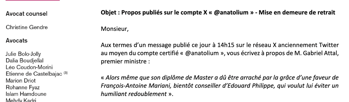 anatolium's tweet photo. Extraordinaire tentative de manipulation par laquelle Matignon fait pression sur un contractuel de l'Etat, avec l'aide de l'un des plus puissants cabinets d'avocat de la place, pour me menacer et faire supprimer mes contenus concernant les diplômes de M. Attal.

Et Zoé Sagan utilisée comme relais pour m'intimider.

C'est à ça que servent les moyens de l'Etat ? A J+1 ?

Ça ne va pas se passer comme ça.