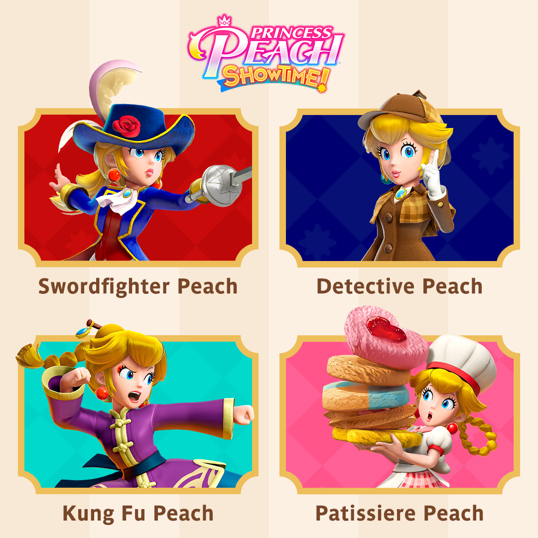 NintendoAmerica's tweet photo. Here are just a few of the showstopping transformations in #PrincessPeachShowtime, debuting on #NintendoSwitch on 3/22!

Which ones are you excited to try out? https://t.co/etmiYtEhct