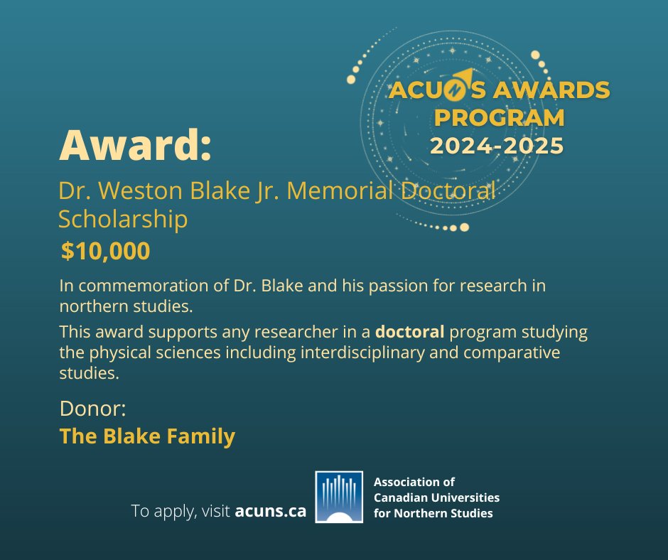 #Students! #ECRs! Apply now to the Dr. Weston Blake Jr Memorial #Doctoral #Scholarship, worth $10,000! Don't let this #award go unclaimed! Start your application today, and you'll meet the January 31 deadline! ⏰Visit acuns.ca to apply.