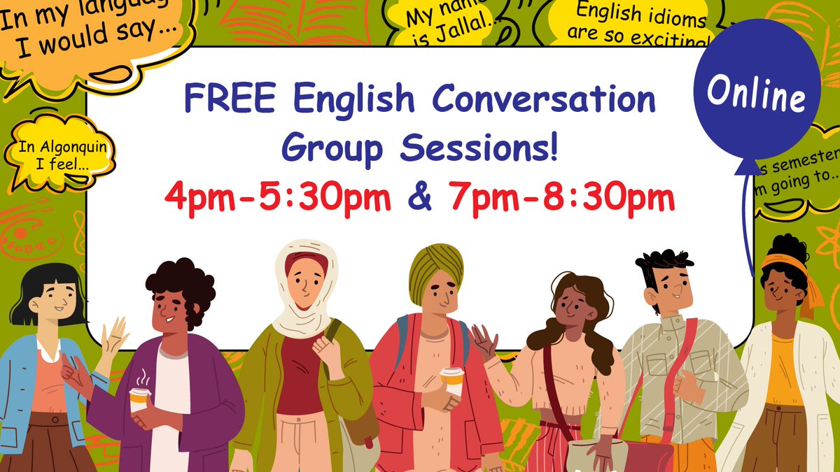 AC_library's tweet photo. Reminderβ
Today at 4pm and 7pm the Student Learning Centre is offering FREE online English Conversation Group sessions.
Register here: https://t.co/bWVyMWN22T
#algonquincollege #studentsuccesss #ESL #english https://t.co/9yIsypg5X6