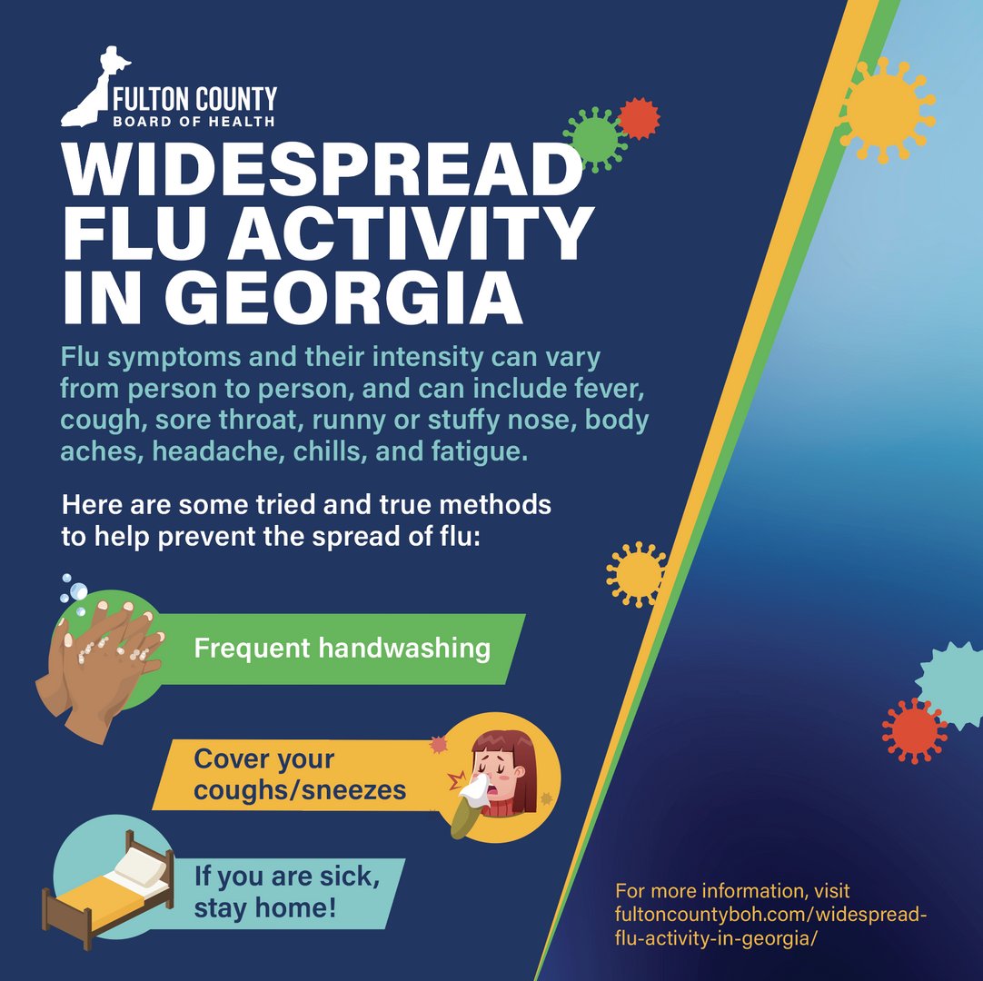 Don't wait any longer to get your flu shot! Flu activity is high in Georgia, and it's important to protect yourself and others. Remember to wash your hands frequently and cover your coughs. Get more info at bit.ly/Fultonflu. #FluSeason #StayProtected