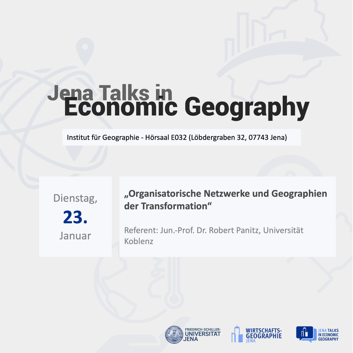 wigeo_jena's tweet photo. #Netzwerke und #Transformation sind klassische Gegenstände der #Wirtschaftsgeographie. Wir freuen uns sehr, @PanitzRobert zu unserem nächsten #JTalk am 23.01. begrüßen zu dürfen und mit ihm über diese Themen zu diskutieren. Wir sind gespannt auf den Input! https://t.co/bSCBt38ACu