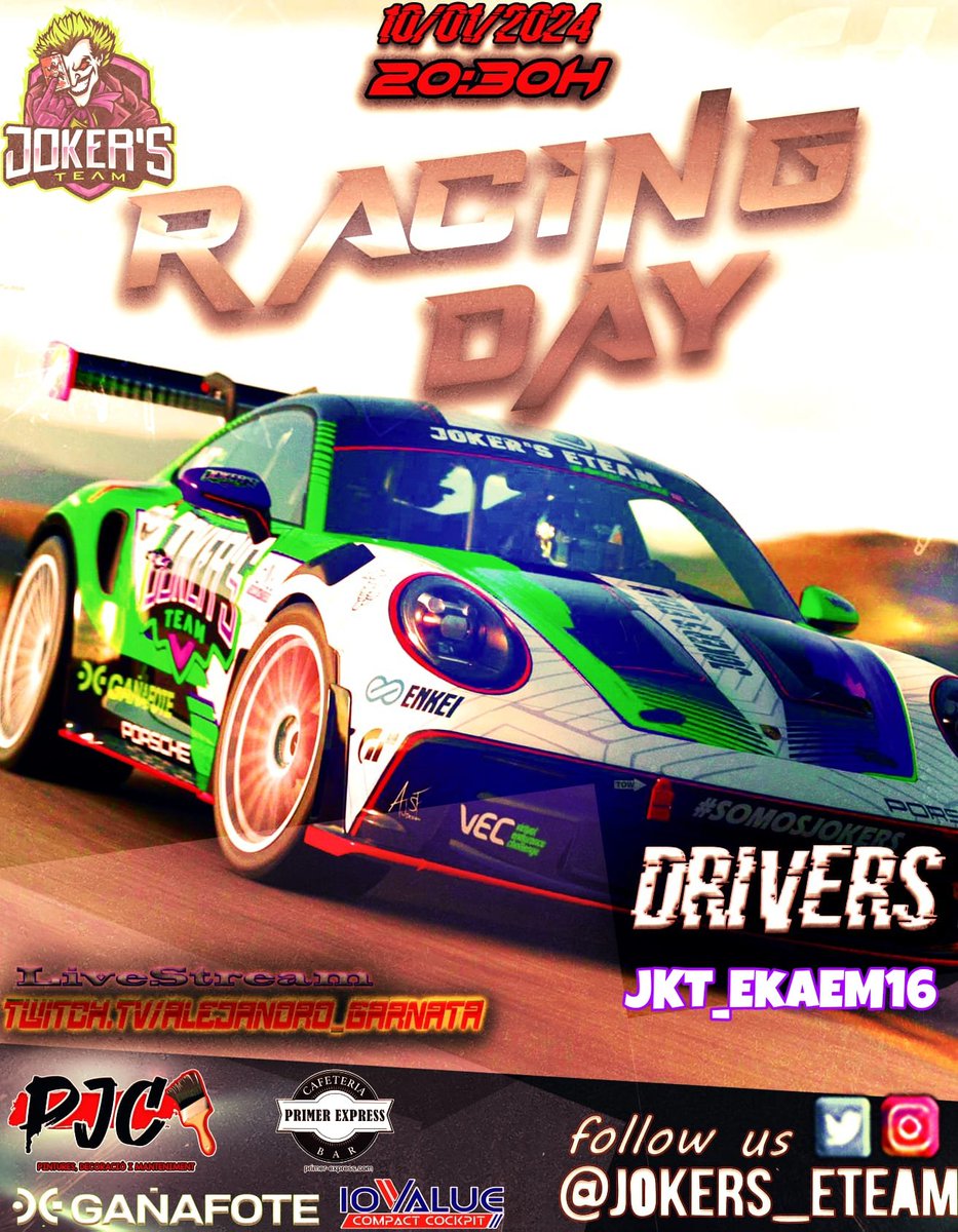 #GT7 #Raceday 
¡Hoy da comienzo @EnduranceFest !🟣🟢

🚗| Porsche GT3 RS 992 '22
🗺️| Trial Mountain completo
👥| <a href="/ekagtav/">Eka</a>
⌚| 20:30
🖌️| <a href="/AJSF_design/">AJSF_design</a>

Vamos con todo 😤🏆

📺| Sigue la retransmisión en twitch.tv/alejandro_garn…

#SomosJokers🃏